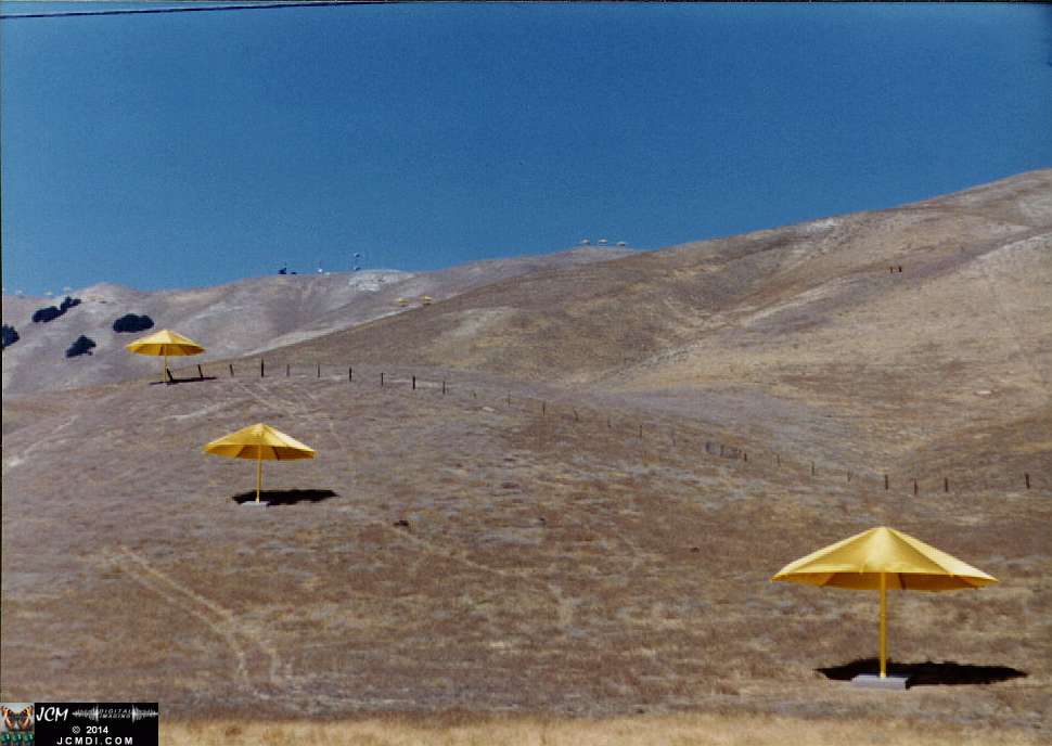 1760 Giant Yellow Umbrella Art Exhibit in Gorman California by Christo Javacheff of Bulgaria, October 1991. JCMDI.COM
